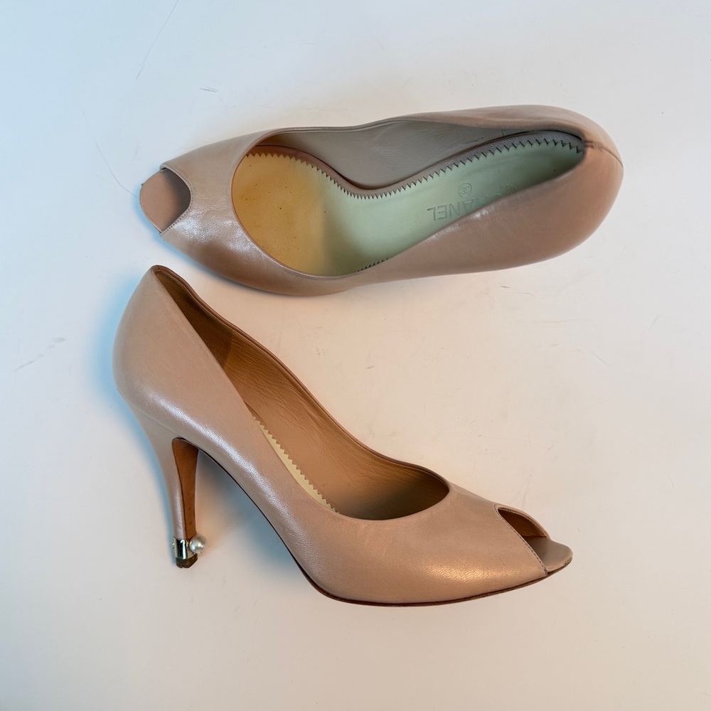 Chanel peep toe pumps with pearl heel detail